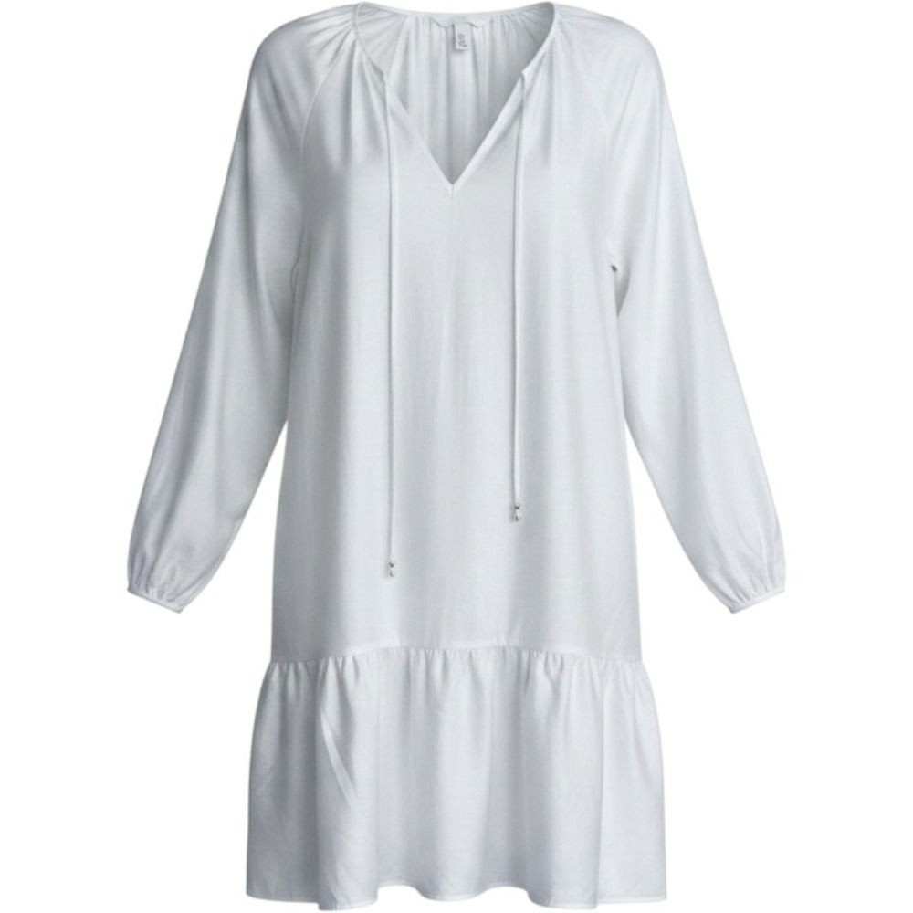 H&M White V-Neck Drop Waist Ruffle Tunic‎ Dress Womens Large Long Sleeve